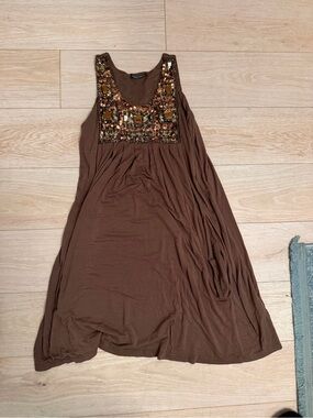 Valerie Bertinelli Brown Embellished Yoke Mini Dress